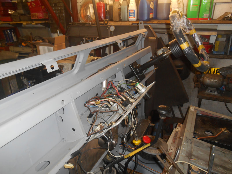 Dash panel and wiring loom test fitted to Land Rover Series 2a bulkhead.